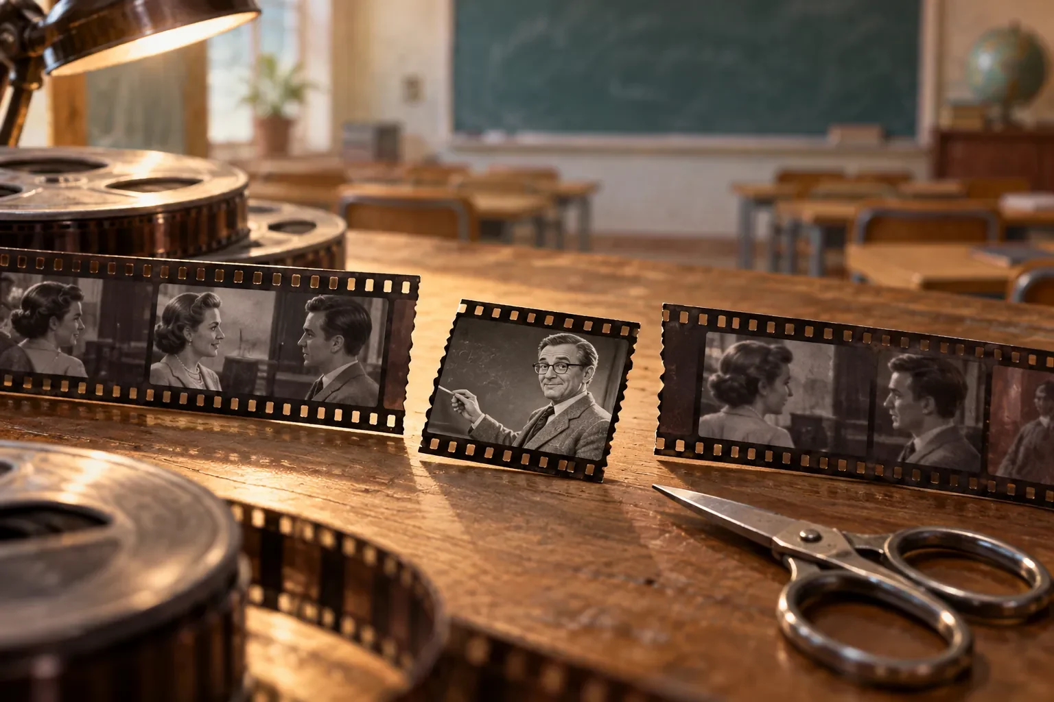 Klippt filmuræma á borði með skólastofu í bakgrunni.