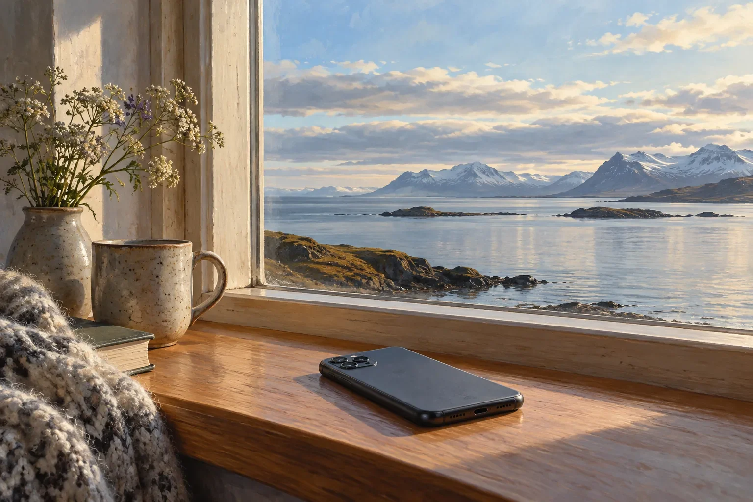 Sími lagður á hvolf við glugga með útsýni yfir kyrran fjörð.